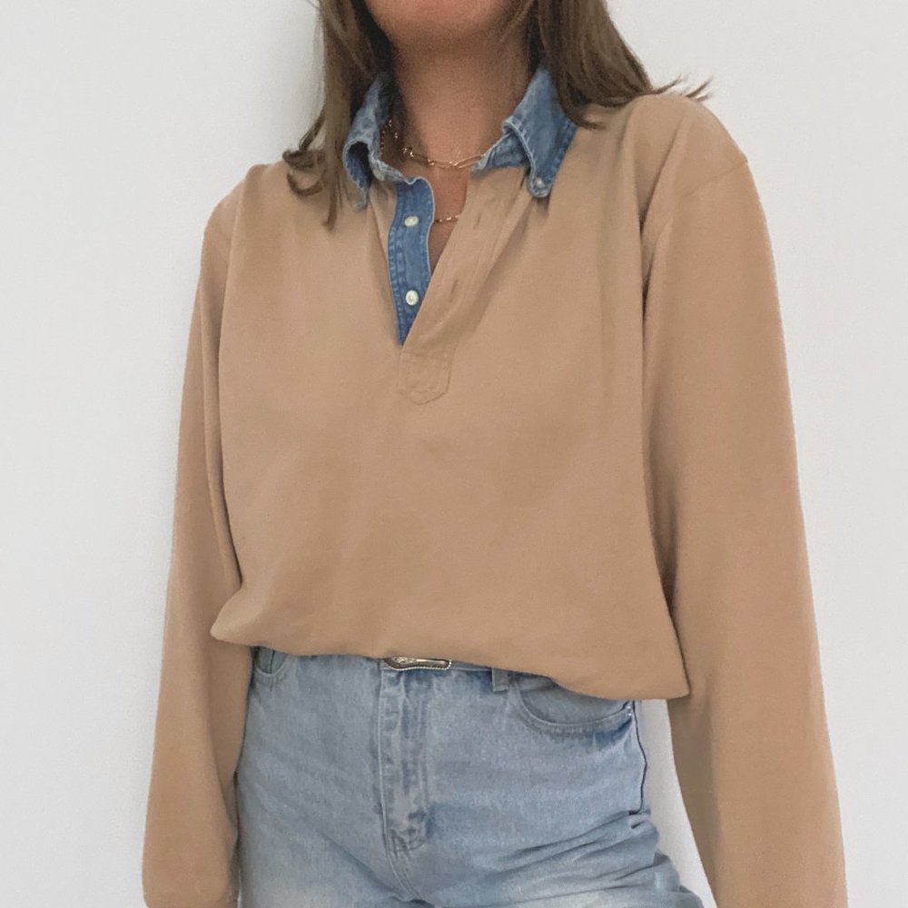 90s Oversized Tan Long Sleeve Polo Shirt with Denim Collar - Picture 5 of 8